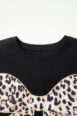 Black Leopard Bow Embroidered Cotton Round Neck T Shirt