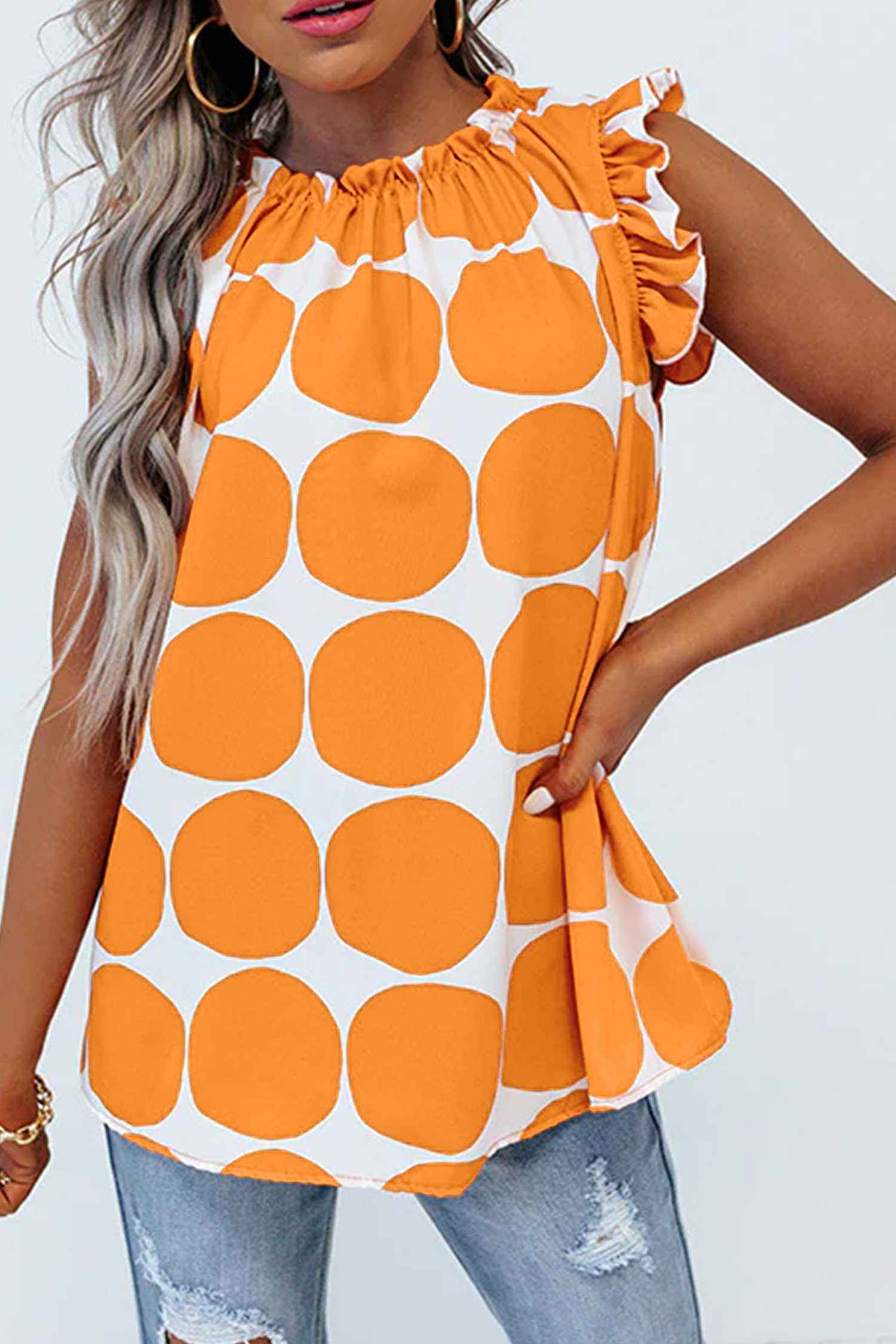 Yellow Polka Dot Print Frilled Round Neck Shift Tank Top