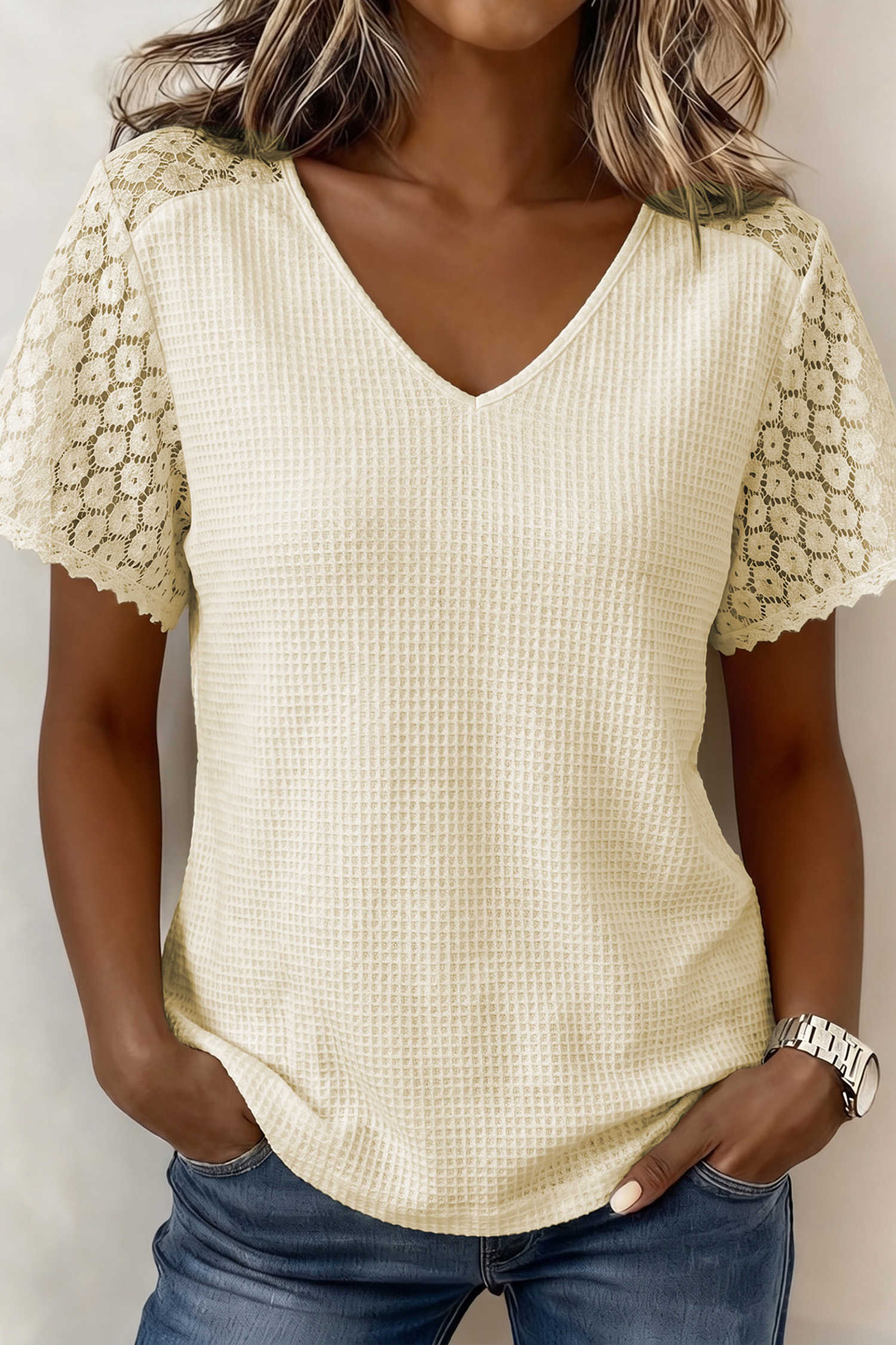 Beige Lace Splicing Button Cutout V Neck Waffle Knit Blouse