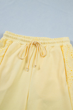 Yellow Cream Lace Patchwork Half Sleeve Top Elastic Waist Pants Two Piece Set