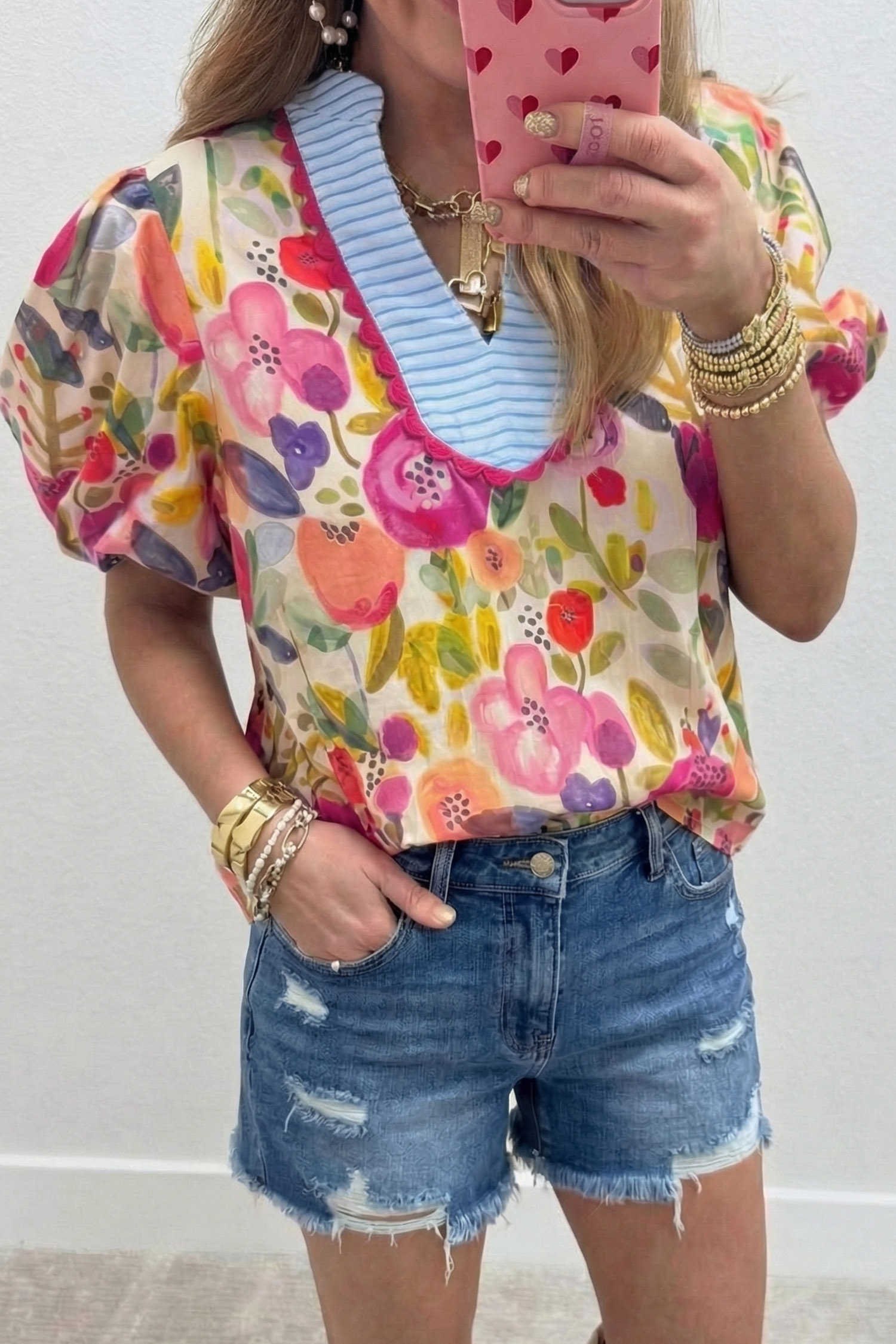 Rose Floral Print Bubble Sleeve Contrast Scallop Striped V Neck Blouse