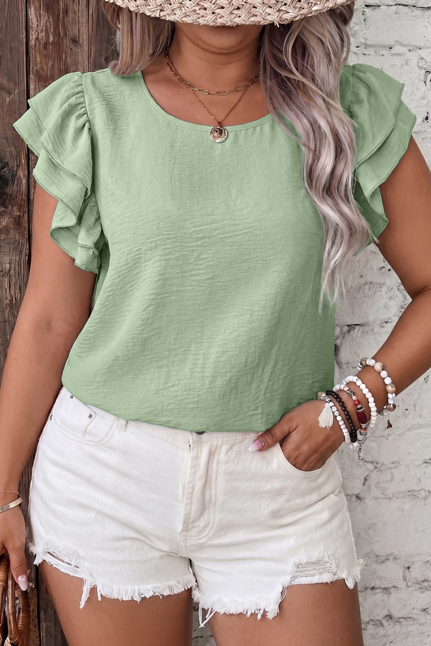 Clearly Aqua Plus Size Crew Neck Ruffle Sleeve Top