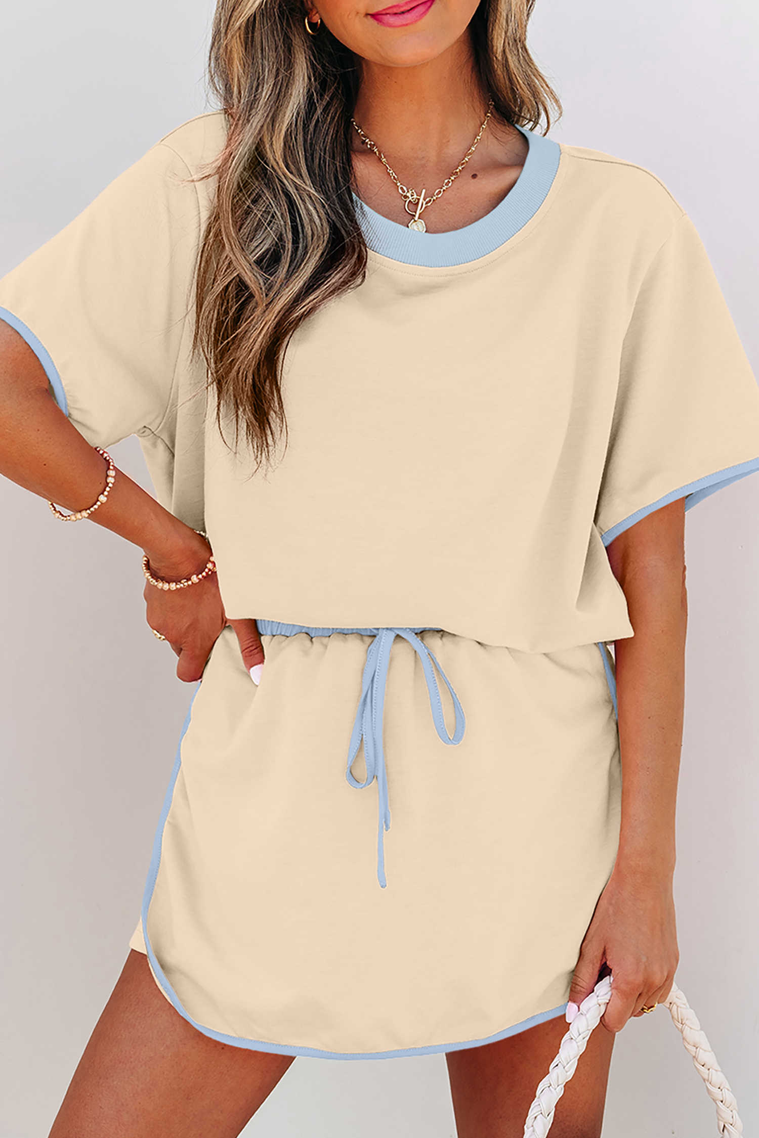 Apricot Colorblock Edge Drop Shoulder T Shirt and Skort 2Pcs Set