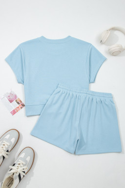 Mist Blue Solid Color Loose Tee Drawstring Shorts 2pcs Outfit