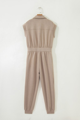 Dark Khaki Solid Color Zip Front Short Sleeve Collared Jumpsuit