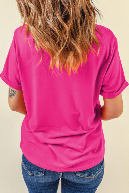 Rose Red Floral Print Loose Fit Short Sleeve T-Shirt