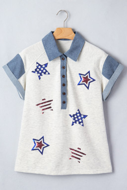 Light Grey Color Block Polo Neck Patriotic Sequin Star Graphic Polo Tee