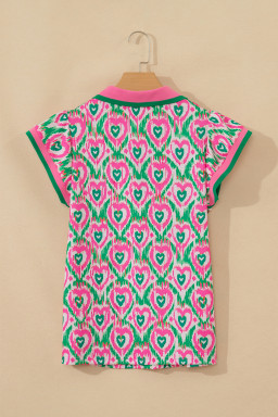 Green Abstract Heart In Heart Print Striped Trim Polo Collar Short Sleeve Blouse
