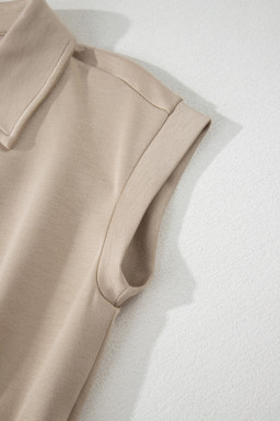 Dark Khaki Solid Color Zip Front Short Sleeve Collared Jumpsuit
