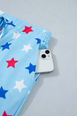 Sky Blue Patriotic Star Printed Beaded Drawstring Mini Skort