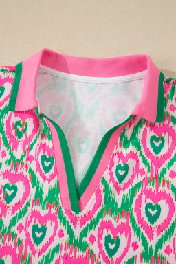 Green Abstract Heart In Heart Print Striped Trim Polo Collar Short Sleeve Blouse