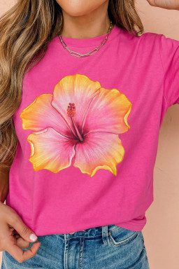 Rose Red Floral Print Loose Fit Short Sleeve T-Shirt