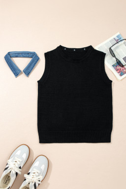 Black Solid Color Knit Contrast Denim Patchwork Collar Sweater Vest