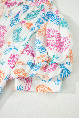Multicolour Vibrant Paisley Printed Button Keyhole Puff Sleeve Blouse
