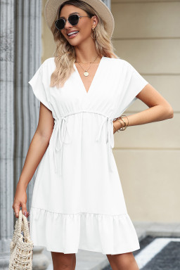 White Double Drawstring Detail High Waist V Neck Short Sleeve Mini Dress