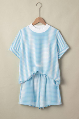 Sky Blue Stripe Cuffed Sleeve Contrast Mock Neck Tee Casual 2pcs Short Set