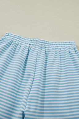 Sky Blue Stripe Cuffed Sleeve Contrast Mock Neck Tee Casual 2pcs Short Set