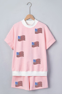 Pink Stripe Sequin Flag Pattern High Neck Top Loose Fit Short Set