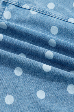 Sky Blue Polka Dot Print Ruffled Short Puff Sleeve Button Down Loose Denim Dress