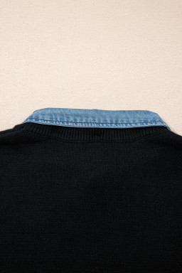 Black Solid Color Knit Contrast Denim Patchwork Collar Sweater Vest