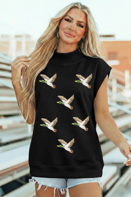 Black Sequin Mallard High Neck Cap Sleeve Top