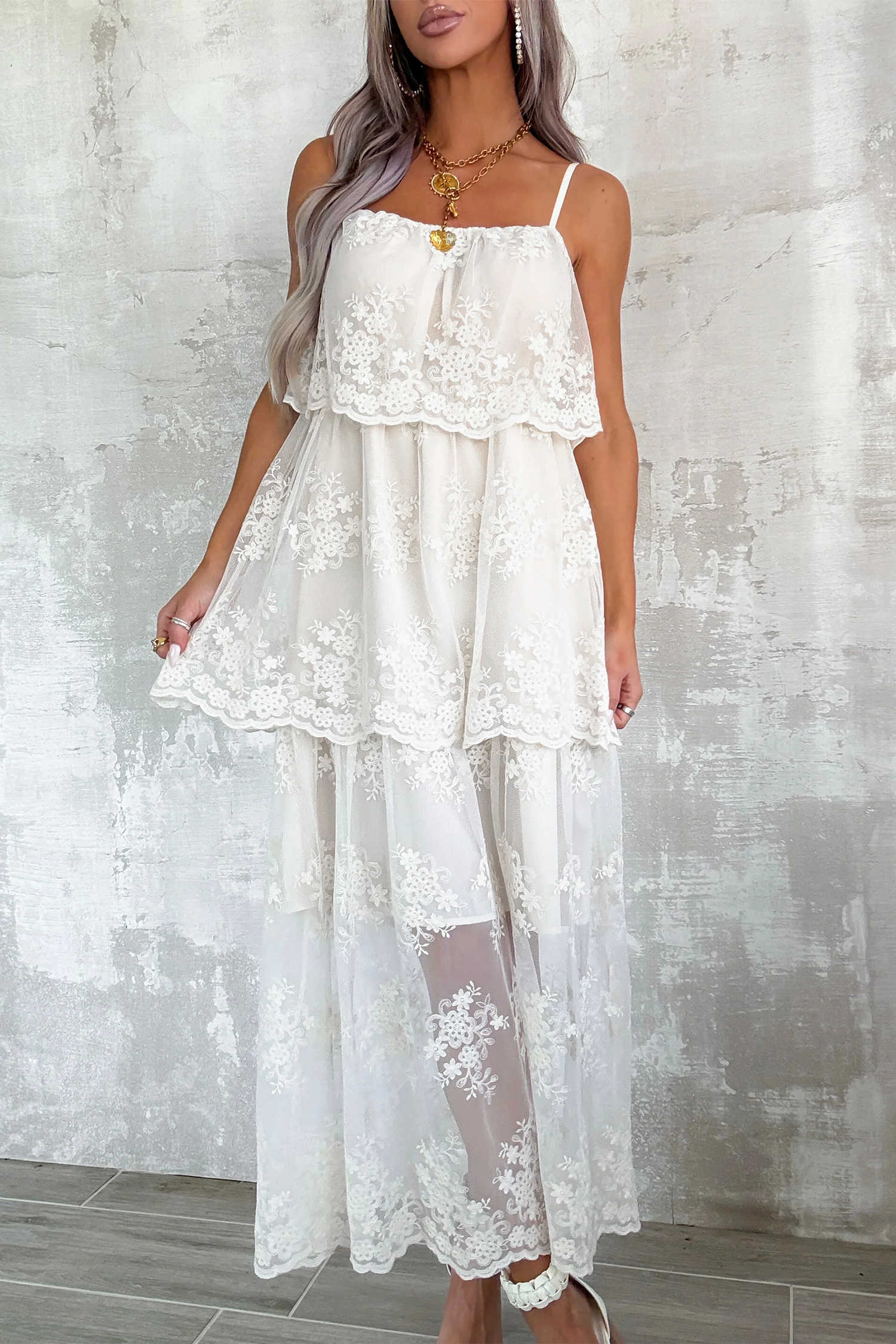 Beige Spaghetti Straps Floral Lace Tiered Maxi Dress