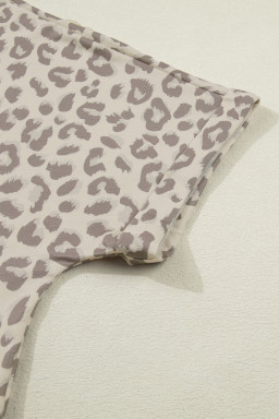 Khaki V Neck Collar Leopard Printed 2pcs Short Set