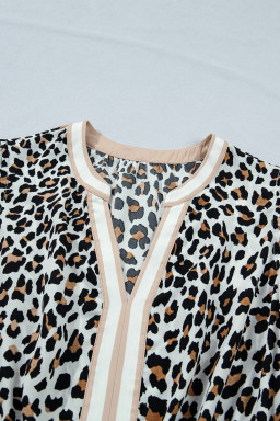 White Leopard Print Colorblock Trim Sleeveless Midi Dress
