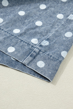 Sky Blue Polka Dot Print Tie V Neck Pleated Loose Denim Romper