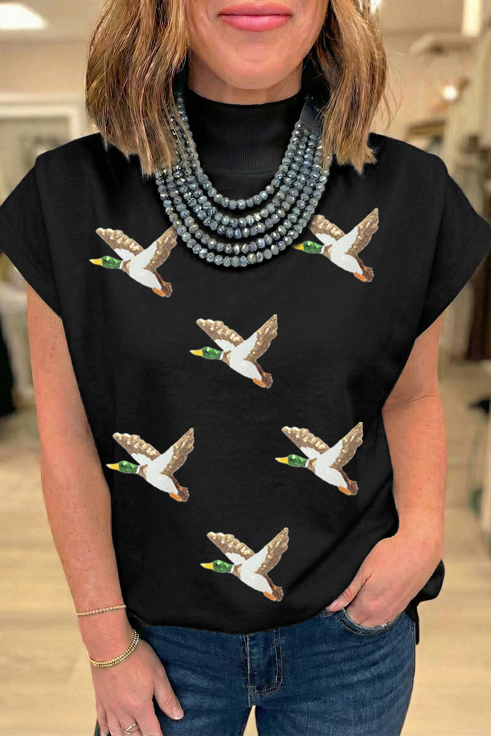 Black Sequin Mallard High Neck Cap Sleeve Top