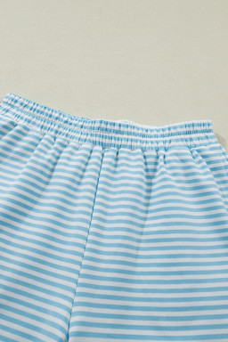 Sky Blue Stripe Cuffed Sleeve Contrast Mock Neck Tee Casual 2pcs Short Set