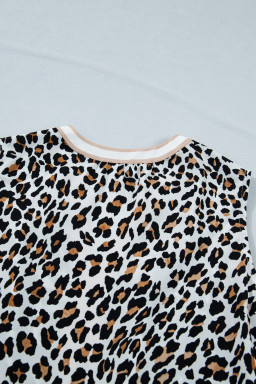 White Leopard Print Colorblock Trim Sleeveless Midi Dress