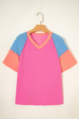 Rose Red Color Block Twisted Ribbed Tee