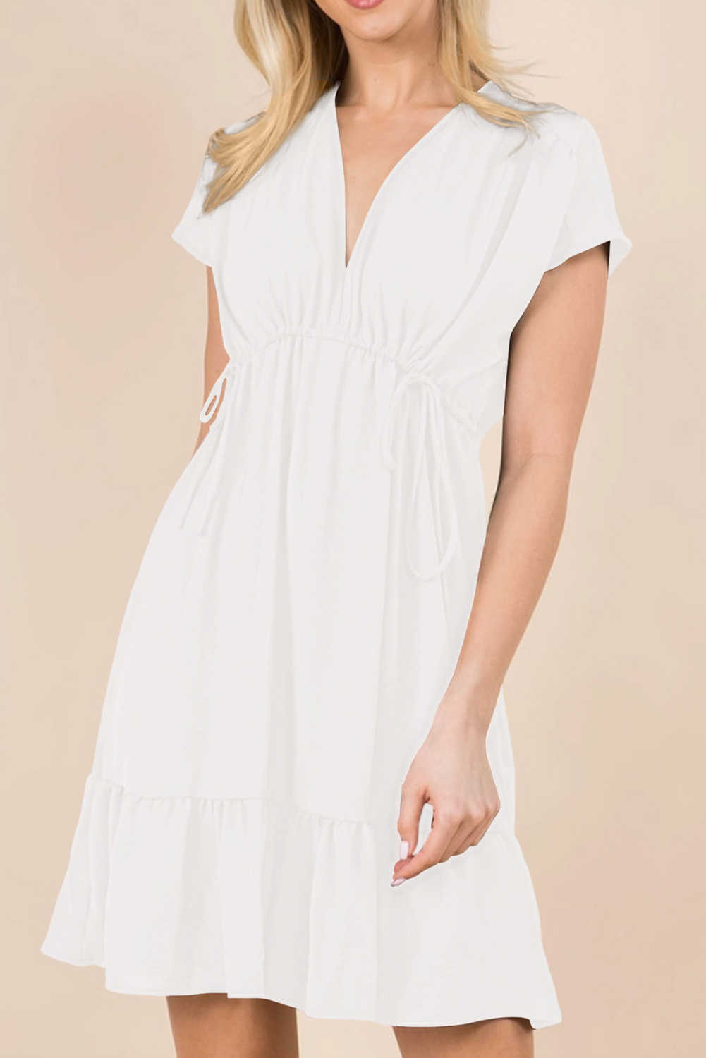 White Double Drawstring Detail High Waist V Neck Short Sleeve Mini Dress