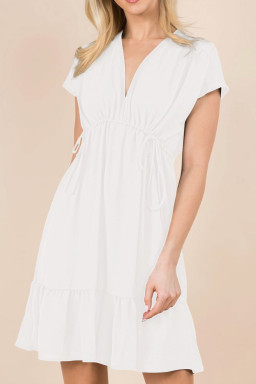 White Double Drawstring Detail High Waist V Neck Short Sleeve Mini Dress