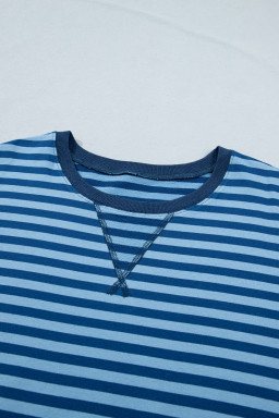Blue Stripe Plus Size Dropped Shoulder Tee and Shorts Two-Piece Set