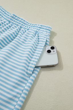Sky Blue Stripe Cuffed Sleeve Contrast Mock Neck Tee Casual 2pcs Short Set