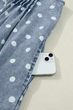 Sky Blue Polka Dot Print Tie V Neck Pleated Loose Denim Romper