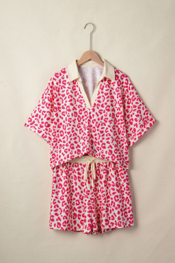 Rose V Neck Collar Leopard Printed 2pcs Short Set