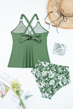 Four Leaf Clover O-ring Knot Back Straps Ricrac Trim V Neck Tankini Contrast Printed Swim Short 2pcs Set