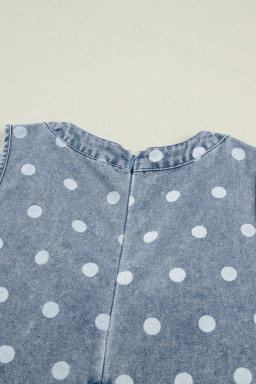 Sky Blue Polka Dot Print Tie V Neck Pleated Loose Denim Romper