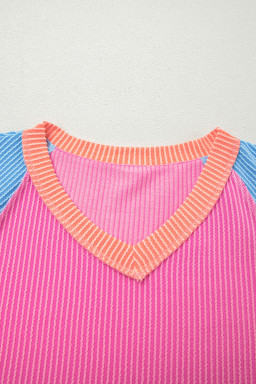 Rose Red Color Block Twisted Ribbed Tee