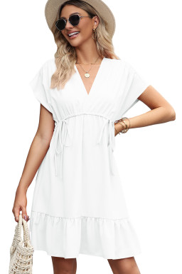 White Double Drawstring Detail High Waist V Neck Short Sleeve Mini Dress