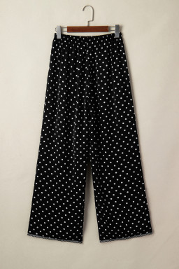 Black Polka Dot Print Elastic Waist Lace Hem Loose Pants