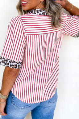 Red Stripe Leopard Contrast Trim Half Button Blouse