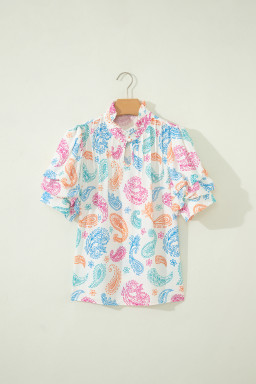 Multicolour Vibrant Paisley Printed Button Keyhole Puff Sleeve Blouse