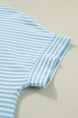 Sky Blue Stripe Cuffed Sleeve Contrast Mock Neck Tee Casual 2pcs Short Set