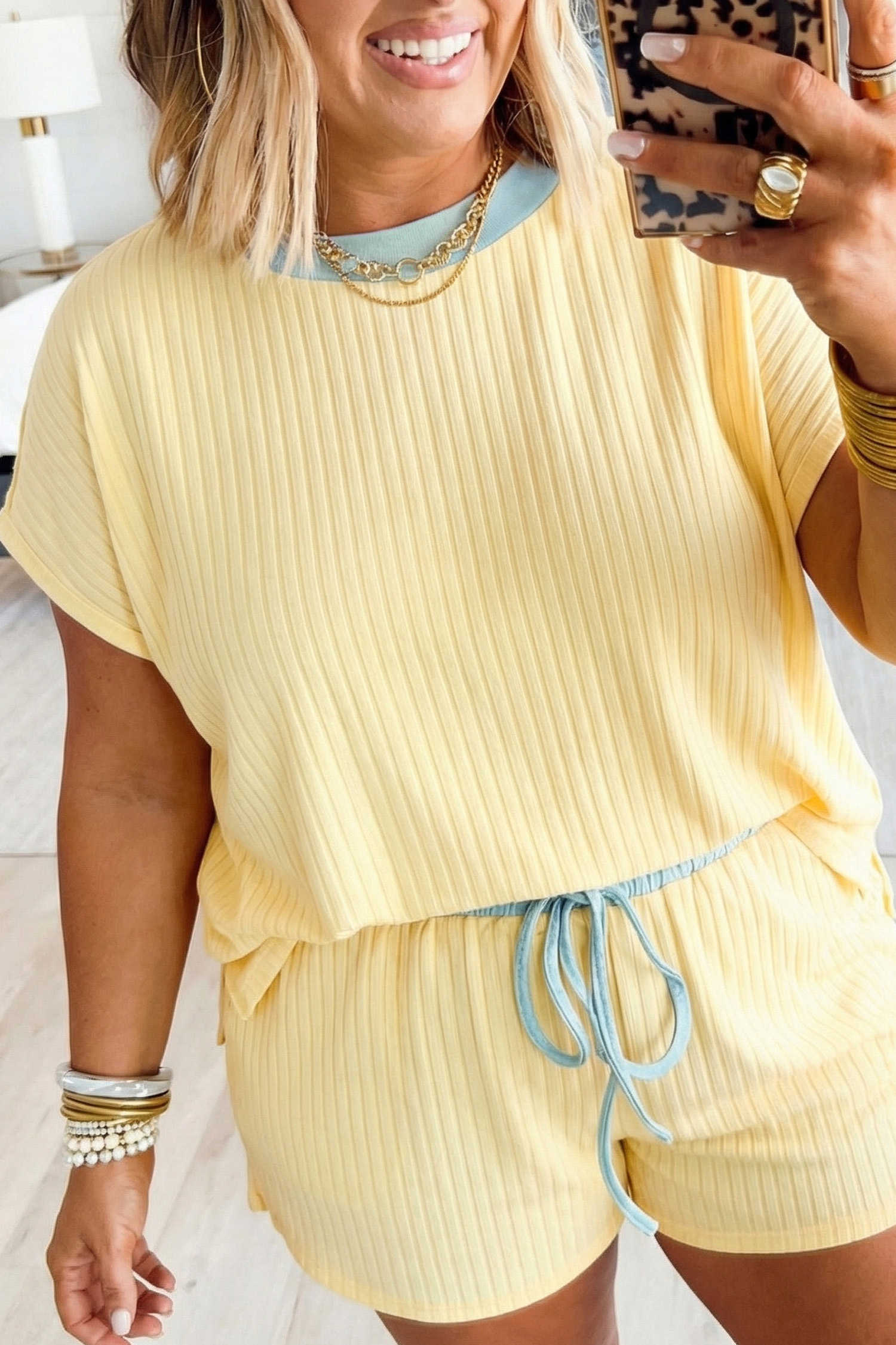 Yellow Cream Plus Size Ribbed Color Block Trim Drawstring Shorts 2pcs Set