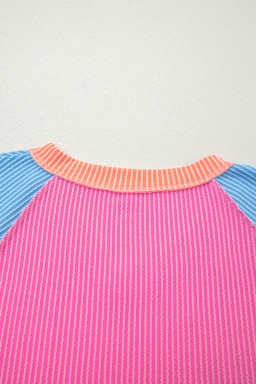Rose Red Color Block Twisted Ribbed Tee