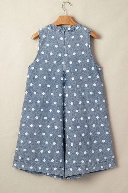 Sky Blue Polka Dot Print Tie V Neck Pleated Loose Denim Romper